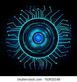 binary circuit board future technology, blue Circle eye cyber security concept background, abstract hi speed digital internet.motion move blur. pixel vector