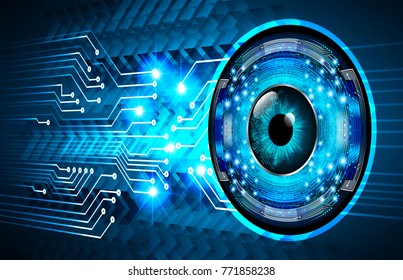 binary circuit board future technology. Blue Circle eye cyber security concept background. Abstract hi speed digital internet.
