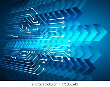 binary circuit board future technology. Blue arrow cyber security concept background. Abstract hi speed digital internet.