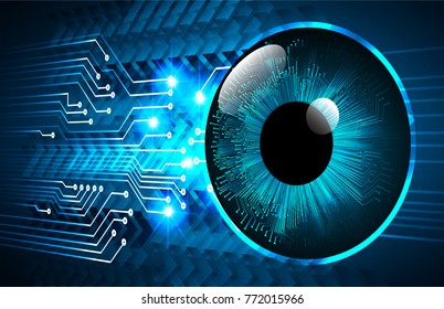 binary circuit board future technology. Blue Circle eye cyber security concept background. Abstract hi speed digital internet.