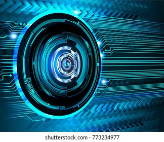 binary circuit board future technology, blue Eye circle cyber security concept background, abstract hi speed digital internet.motion move blur. pixel vector