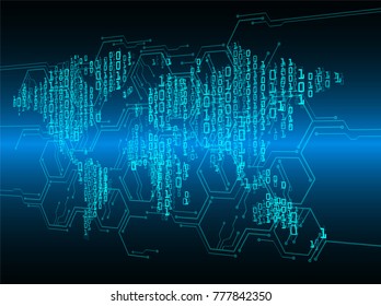 binary circuit board future technology, blue cyber security concept background, abstract hi speed digital internet.motion move blur. world map vector