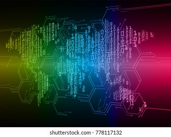 binary circuit board future technology, blue red yellow cyber security concept background, abstract hi speed digital internet.motion move blur. world map vector