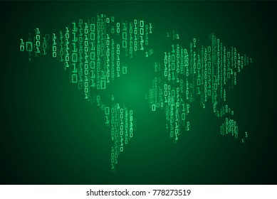 binary circuit board future technology, green cyber security concept background, abstract hi speed digital internet.motion move blur. world map vector