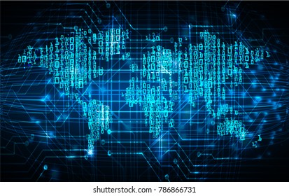 binary circuit board future technology, blue cyber security concept background, abstract hi speed digital internet.motion move blur. world map vector
