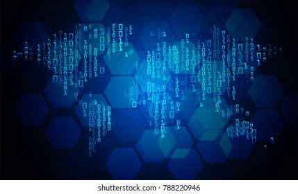 binary circuit board future technology, blue cyber security concept background, abstract hi speed digital internet.motion move blur. world map vector