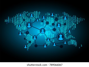 binary circuit board future technology, blue cyber security concept background, abstract hi speed digital internet.motion move blur. world map vector