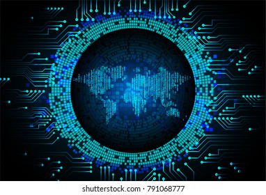 binary circuit board future technology, blue cyber security concept background, abstract hi speed digital internet.motion move blur. world map vector