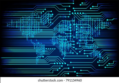 binary circuit board future technology, blue cyber security concept background, abstract hi speed digital internet.motion move blur. world map vector