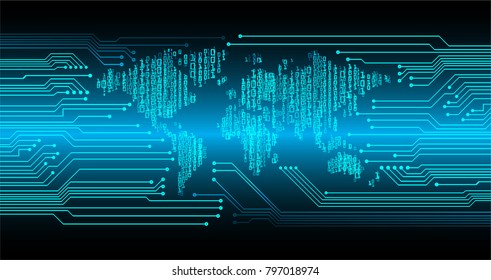 binary circuit board future technology, blue cyber security concept background, abstract hi speed digital internet.motion move blur. world map vector