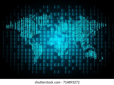 binary circuit future technology, blue world map cyber security concept background, abstract hi speed digital internet.motion move blur. pixel