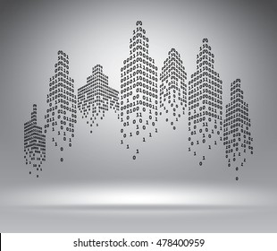 Binary City On Grey, Vector Illustration Template For Advertising