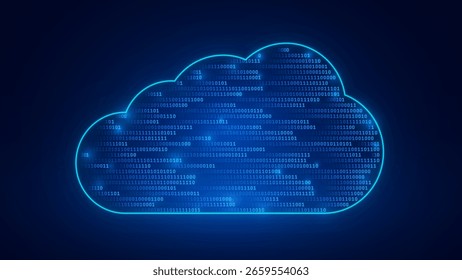 Binary Cloud Data Center and Digital Technology Concept on Blue Background. Hi-Tech Vector Illustration of Online Storage, Database, and Computing Network with Binary Numbers Big Data Flow.
