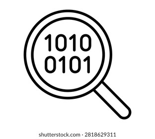 Binary code 1010 0101 inspected under magnifying glass line art vector icon. Data inspection, binary code audit, software code analysis, and digital code check.