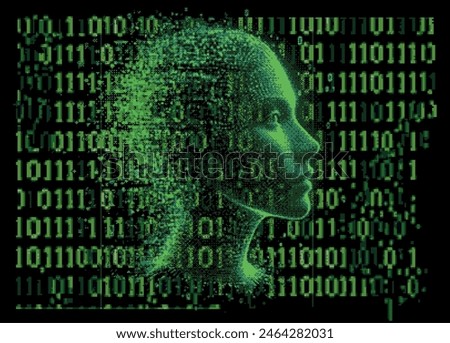 Binary code and 3D human profile on dark background. Conceptual vector illustration on the theme of virtual reality and technology.