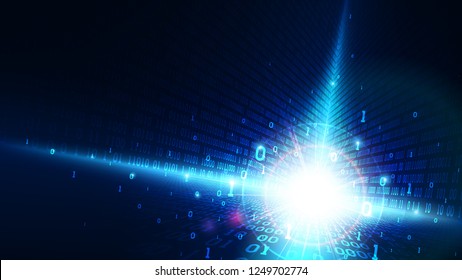 Binary code in abstract matrix cyberspace, shining blue vector background with digital code, artificial intelligence, big data, cloud service, machine learning