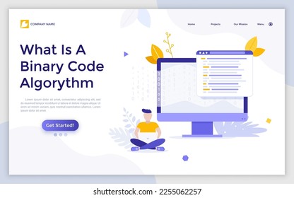 Binary Code Algorithm landing page template. Programming courses educational materials online. Coder school promotional webpage design vector illustration. Learning IT industry by online lessons