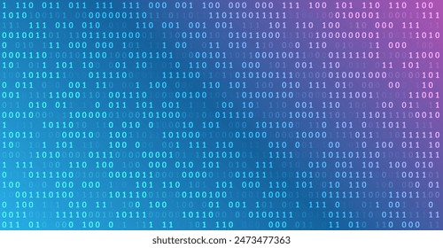 Código binario, inteligencia artificial. Código de programa. Fondo de computadora de números. Análisis, clasificación, estructuración, transferencia de información. Fondo azul con flujo de datos. 