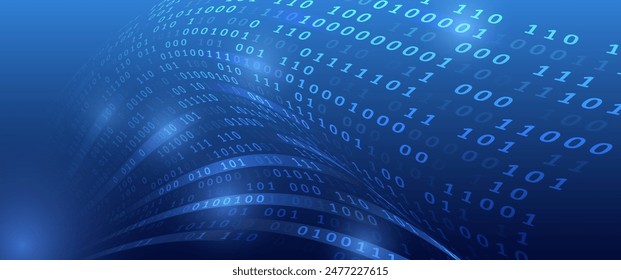 Binary code, artificial intelligence. Program code. Computer background of numbers. Analytics, sorting, structuring, information transfer. Blue background with data flow. 