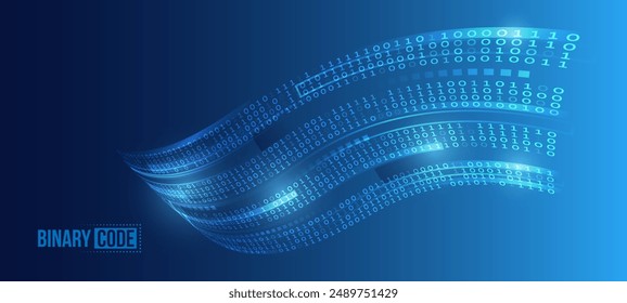 Binary code, artificial intelligence. Program code. Computer background of numbers. Flying data illustration. Analytics, sorting, structuring, transferring information. Blue background with data flow.