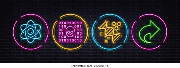 Binary code, Atom core and Chemistry dna minimal line icons. Neon laser 3d lights. Share icons. For web, application, printing. Cyber phishing, Nuclear power, Chemical formula. Link. Vector