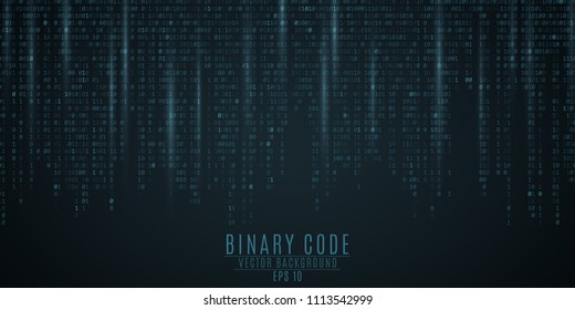 Binary code background. Blue glow. Falling figures. Blurring of figures in motion. Global network. High technologies, programming, sci-fi. Vector illustration EPS 10