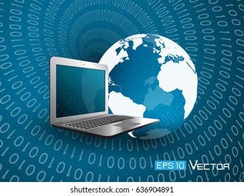 Binary code background with computer laptop, sphere with world map. Used clipping masks ,opacity mask, and transparency.