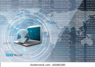 Binary code background with computer laptop, sphere with world map. Used clipping masks ,opacity mask, and transparent. - Powered by Shutterstock - Get 15% off with code: PIKWIZARD15