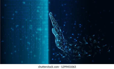 Binary code background vector illustration, hand, made of triangle shape, crushing and fading in the dark.