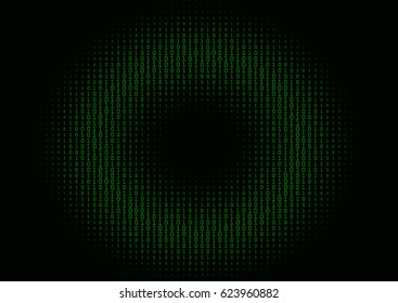 Binary code black and green background with two binary digits, 0 and 1 isolated on a black background. Halftone vector illustration.
