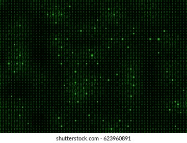 Binary code black and green background with two binary digits, 0 and 1 isolated on a black background. Halftone vector illustration.