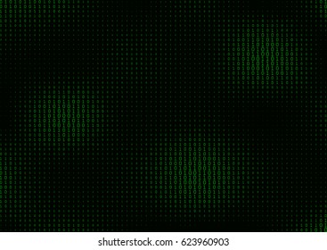 Binary code black and green background with two binary digits, 0 and 1 isolated on a black background. Halftone vector illustration.
