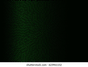 Binary code black and green background with two binary digits, 0 and 1 isolated on a black background. Halftone vector illustration.