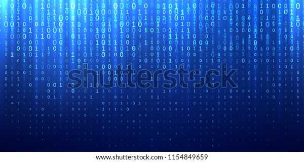 Binary code blue abstract\
background. Vector bit 1 and 0 digits fall in sparkling cyberspace\
matrix