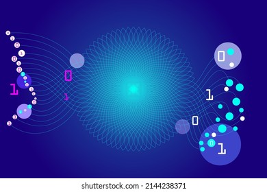Binary code with blue background. Big data background with colorful circles. Network connection with big data. Abstract wire-frame background.
