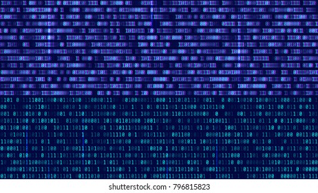 Binary code, blue digits on the computer screen. Figures with the effect of the VHS screen of the 80's and 90's. Retro vintage screen. Colored semi-shifted numbers. Glitch effect. Format 16:9