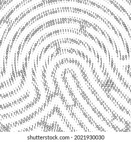 Binary code by fingerprint shape. Cyber security technology. Digital verification information. Black digits on white background. Vector illustration 