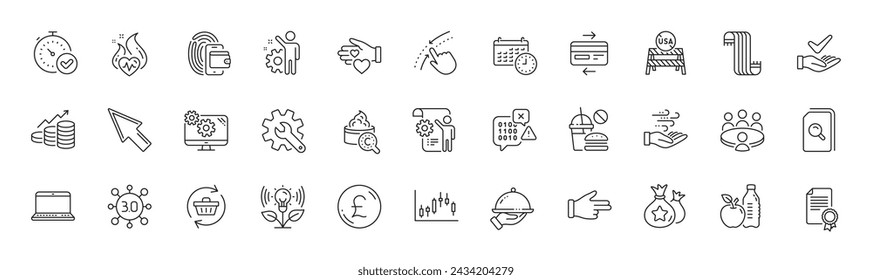 Binary code, Candlestick graph and Settings line icons. Pack of Restaurant food, Dermatologically tested, Mouse cursor icon. Healthy food, Swipe up, Collagen skin pictogram. Volunteer. Vector