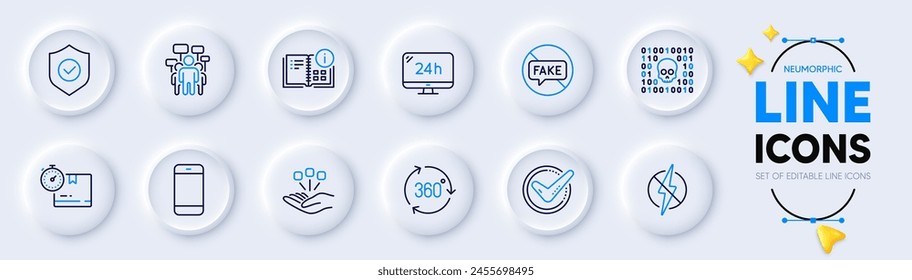 Binary code, Cardboard box and Fake news line icons for web app. Pack of 360 degree, Security shield, Confirmed pictogram icons. Voting campaign, 24h service, Instruction info signs. Vector