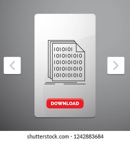 Binary, code, coding, data, document Line Icon in Carousal Pagination Slider Design and Red Download Button