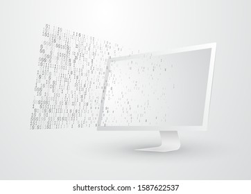 Binary code coming out of the computer screen. Smart pc software grouping data from chaos to order. Big data diagnostic and anlasysis vector illustration. Cyberspace and network concpet.  