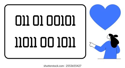 Binary code displayed on a rectangular board next to a large blue heart and a person in a blue attire pointing towards the code. Ideal for coding themes technology love data representation