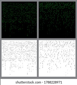 Binary code falling. Programming fading patterns set. Collection of zero one digits flowing down backgrounds. Futuristic technology backdrops with data script. Matrix effect. Conceptual numbers stream