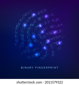 Binary code fingerprint. Biometric id. Digital key for software identification. Fingerprint scanner in futuristic technology system. Vector illustration