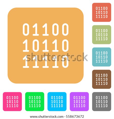 Binary code flat icons on rounded square vivid color backgrounds.