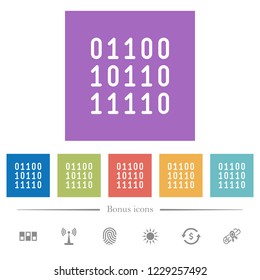 Binary code flat white icons in square backgrounds. 6 bonus icons included.