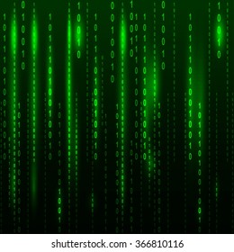 Binary code flowing over a green background. Digital illustration.