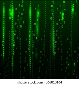 Binary code flowing over a green background. Digital illustration.