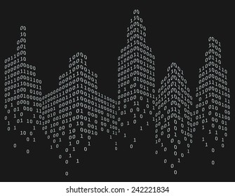 Binary Code In Form Of Futuristic City Skyline, Vector Illustration