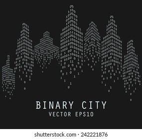 Binary Code In Form Of Futuristic City Skyline, Vector Illustration